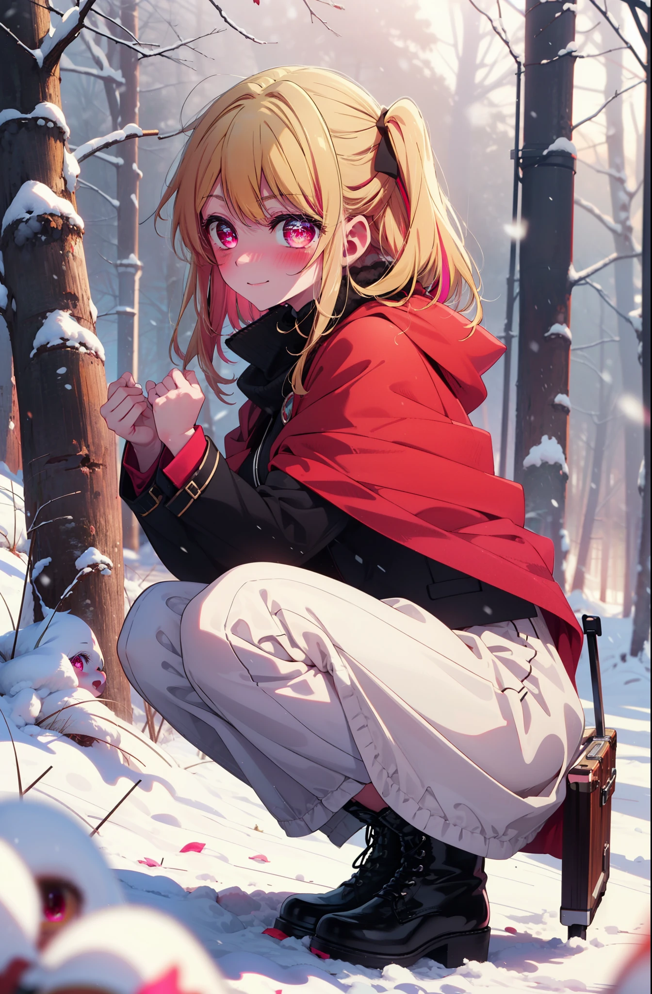 rubyhoshino, Hoshino Ruby, Long Hair, bangs, Blonde, (Pink Eyes:1.3), Side Lock, (Symbol-shaped pupil:1.5), Multicolored Hair, Two-tone hair, smile,,smile,blush,white breath,
Open your mouth,snow,Ground bonfire, Outdoor, boots, snowing, From the side, wood, suitcase, Cape, Blurred, , forest, White handbag, nature, Squat, Mouth closed, Cape, winter, Written boundary depth, Black shoes, red Cape break looking at viewer, Upper Body, whole body, break Outdoor, forest, nature, break (masterpiece:1.2), Highest quality, High resolution, unity 8k wallpaper, (shape:0.8), (Beautiful and beautiful eyes:1.6), Highly detailed face, Perfect lighting, Highly detailed CG, (Perfect hands, Perfect Anatomy),