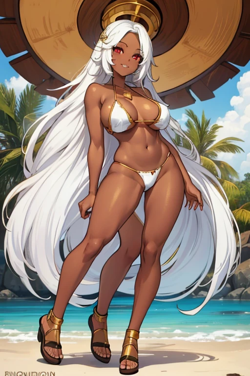 female, white long hair, red eyes, dark skin, (((1girl))), (((white and gold bikini top))), (white and gold bikini bottoms), cute and sexy, full body, large breasts, large butt, long legs, smiling