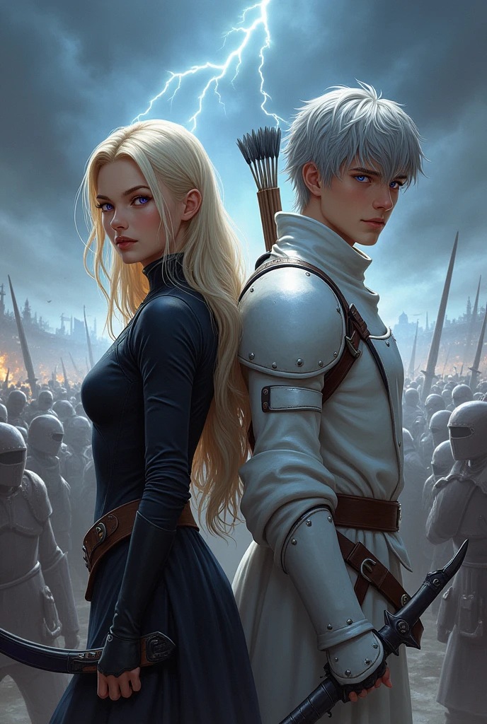 book cover ;
- the title is "Shadow And Light"
- the woman ( black outfit ) with blonde long hair and purple eyes
- the man in white outfit ( with a sword ) with grey hair and blue eyes
- he hold a sword and she's holding a bow an arrows, they look like they're in battlefield
- make them look young ( in early twenties )