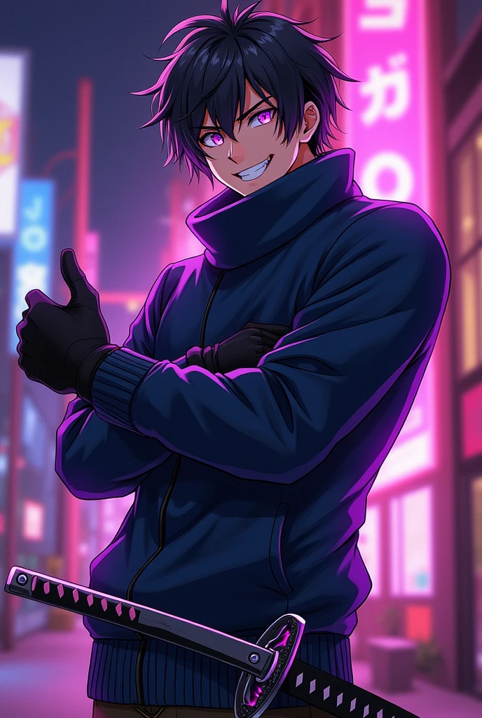 Male character in Anime style with a villainous happy face, wearing a sweater, gloves, Jordan shoes, purple eyes, a standard size katana with a purple aura, and a pistol on his belt.