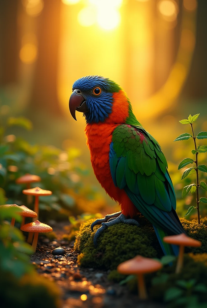 Masterpiece, macro shot of parrot in the forest, sunset, mushrooms, dew drops, high contrast, Studio Ghibli style, very complex, highly detailed, photorealistic style.