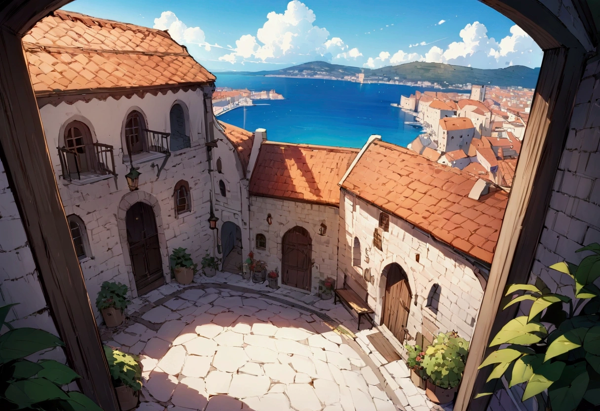 ((((masterpiece, Highest quality, High resolution)))), Attention to detail, manga,anime,Illustration Style,Use of bright colors, Fantasy world of medieval Europe,Bedroom, Sophisticated interior,The cityscape of Dubrovnik,The sea and cityscape as seen from the window of a house on a high platform,No humans,High position,The cityscape and seascape spread out below., RPG-like scenery, The sky is bright blue、Fluffy white clouds floating, And the sun is shining brightly, Creates a magical, comfortable atmosphere, Bright daytime atmosphere.Sunlight is shining through the window、