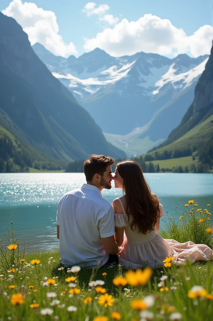 drawing of Switzerland in a town called Grindelwald on Lake Bachatpsee, a couple sitting on the grass, where the man hugs the woman and looking at her with love, and the woman had bright brown hair, smooth hair and dressed, in spring