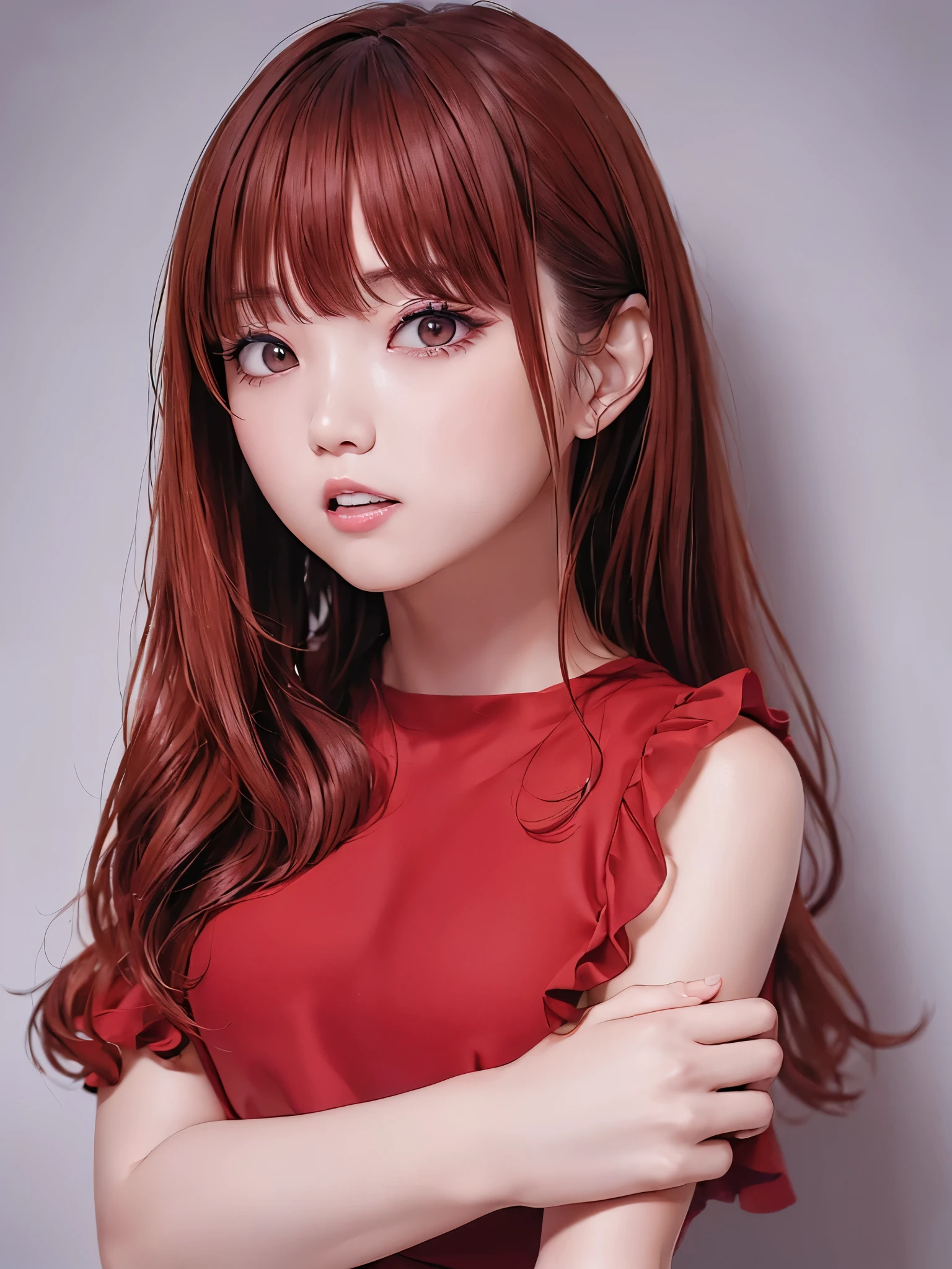 (((Cowboy Shot、Women's Solo Shot、Oil、Pure white wall background、masterpiece、Highest quality、High resolution)))、Redhead、Twin tails、Long Hair、(((She is wearing a red blouse.)))、(((Red short-sleeved blouse)))、Fashionable hairstyles、Pure white wall background、Red cheeks、((No Shadow、Frame In))、((Small breasts))、((Angry face))、((Angry expression))、(((Hands behind head)))、((((No background))))、((Yelling))、((Teeth are visible))