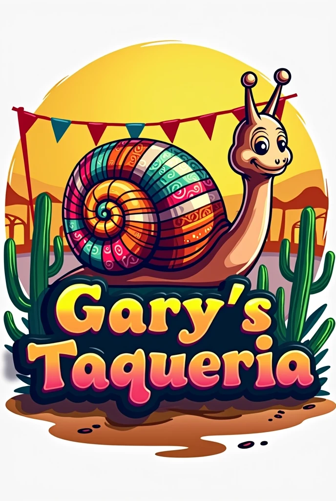 Logo for a taco shop named Gary's Taqueria, the mascot will be a Mexican-style snail.