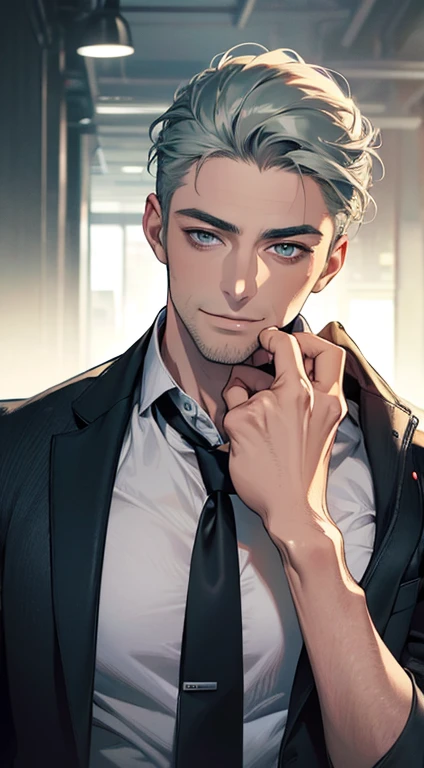 (best quality,4k,8k,highres,masterpiece:1.2),ultra-detailed,(realistic,photorealistic,photo-realistic:1.37),1 man,31 years old,mature man,very handsome,without expression,smile,short grey green hair,blue eyes,penetrating gaze,perfect face without errors,imposing posture,businessman,office background,cinematic lighting,hdr image