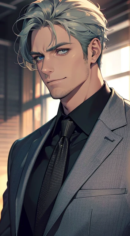 (best quality,4k,8k,highres,masterpiece:1.2),ultra-detailed,(realistic,photorealistic,photo-realistic:1.37),1 man,31 years old,mature man,very handsome,without expression,smile,short grey green hair,blue eyes,penetrating gaze,perfect face without errors,imposing posture,businessman,office background,cinematic lighting,hdr image