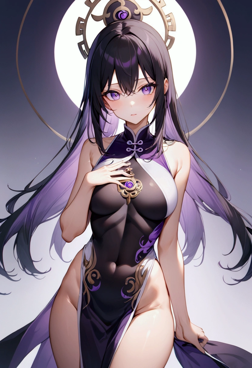Anime girl with long straight black hair with dark purple highlights ,purple eyes,athletic body,taoist, detailed body, detailed eyes, masterpiece, best quality, aesthetic, standard pose