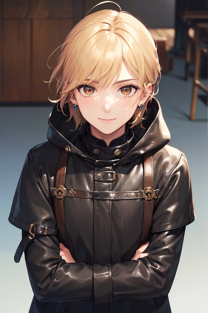 (((masterpiece; best quality: 1.2))), (detailed eyes: 1.3), ((1 young man)), ((solo)), (brown eyes: 1.4), (body shape; lean, masculine, manly face: 1.3), (short blond hair: 1.3), (clear background: 1.2), ((depth of field)), (equipment: masculine adventurer garb + practical hard-leather hunter protection + black hooded hunter overcoat + black stud earring: 1.3), (anime illustration: 1.2), (background composition; fantasy tavern interior + furniture: 1.1), (handsome: 1.1), (shot composition; standing + centered on face + bust close-up: 1.5), (facial expression; calm + smile: 1.2)