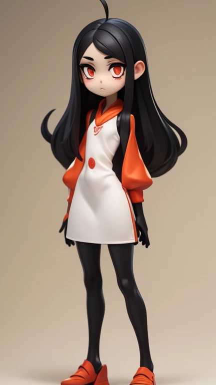 　Primary school students　young　small　height: 130cm　Standing picture Simple design　The dress is a one-piece　camisole　Sleeveless　No sleeve　Long Hair　Long black hair　Hair is black　Red eyes　Shoulder-baring ahoge　Kokeshi
