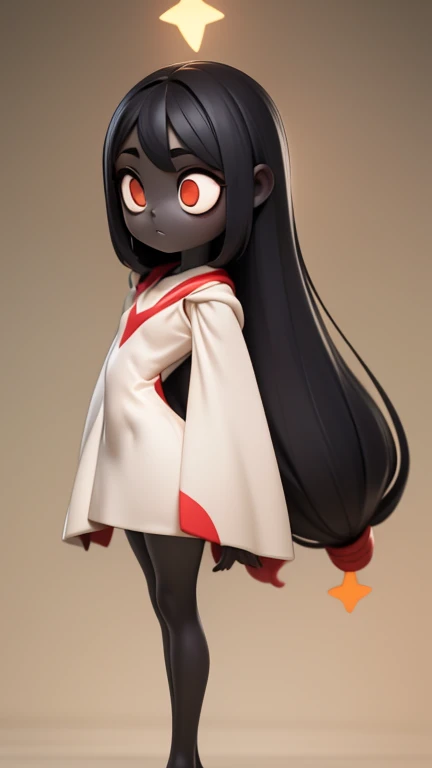 　Primary school students　young　small　height: 130cm　Standing picture Simple design　The dress is a one-piece　camisole　Sleeveless　No sleeve　Long Hair　Long black hair　Hair is black　Red eyes　Shoulder-baring ahoge　Kokeshi
