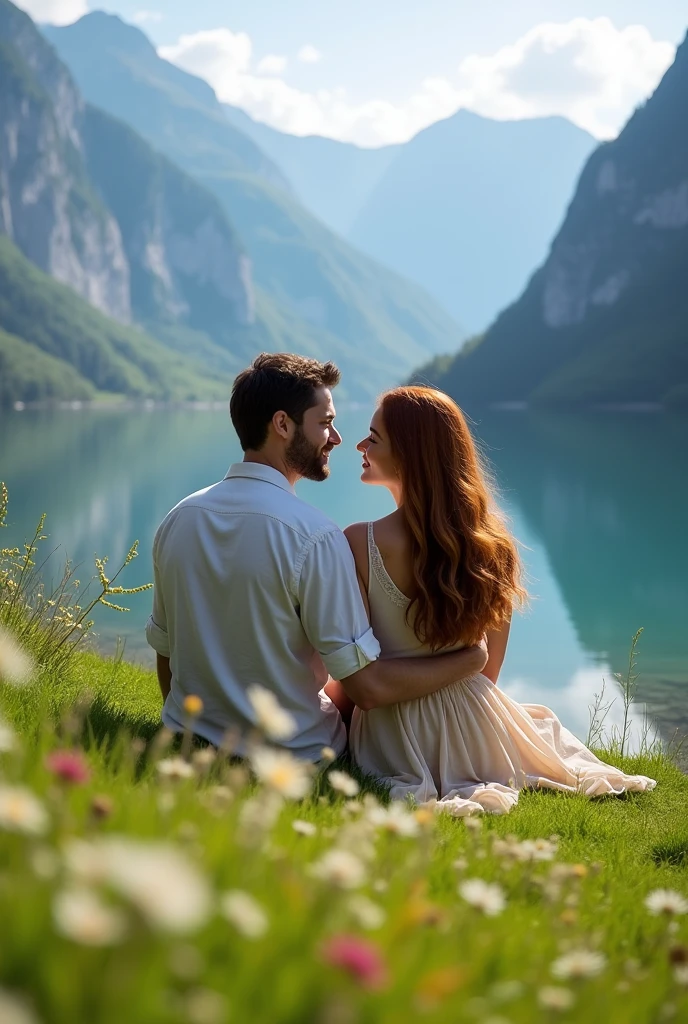 drawing of Switzerland in a town called Grindelwald on Lake Bachatpsee, a couple sitting on the grass, where the man hugs the woman and looking at her with love, and the woman had bright brown hair, smooth hair and dressed, in spring