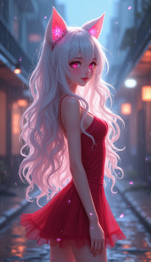 photorealistic,Realistic illustration in Modelshoot style,((masterpiece)),((The best quality)),((Ultra Quality)),((ultra detailed)),((1girl long white hair)),((Only)),((waifu:1.5)),Perfect anatomy,perfect hands,beautiful cuerpo,beautiful_method,ulzzang-6500-v1,e-chica,((Exceptionally Beauty Waifu Princess)), intricate details, realist, photorealist, Full Body Portrait, Instagram Photo of a woman wearing aretes, Mary R., inspired by Emma Andijewska, wrapped in crystals,(masterpiece:1.3), (Best Quality:1.3), (Ultra-detailed:1.2), ((kawaii)), Cute, (lovely), ((sexy)), ((Extremely detailed)), 4K, (8K), Best Quality, (Beautiful), Illustration, anime style, (bold line:1.2), Gradation,(best quality, ultra-detailed, photorealistic: 1.39), bright and vibrant colors, studio lighting, (Perfect eyes:1.2), (Perfect iris:1.2), romantic kawaii expression, cute delicate smile, kawaii makeup, 17-year-old e-girl, short red dress, platinum braided and curl white hair, cat ears, big breasts, fit, long wavy hair, mercenary, Mary R.,((bright-pink_eyes)),long wavy hair, ((white hair)),hair clips,eyeliner,cute makeup,lipstick,Glossy lipstick,with a look of terror, worry and sadness,((eyes detallados perfectos)),rainy with fog outside,evening,pink theme,bioluminiscencia,light particles,((Extremely CG Unity 8K Wallpaper)),((cinematic lighting,Best quality lights)),intricate details,Suave,sharp focus,Extremely beautiful and aesthetic,Octane rendering,Full length portrait,damp skin,((Perfect detailed body)),