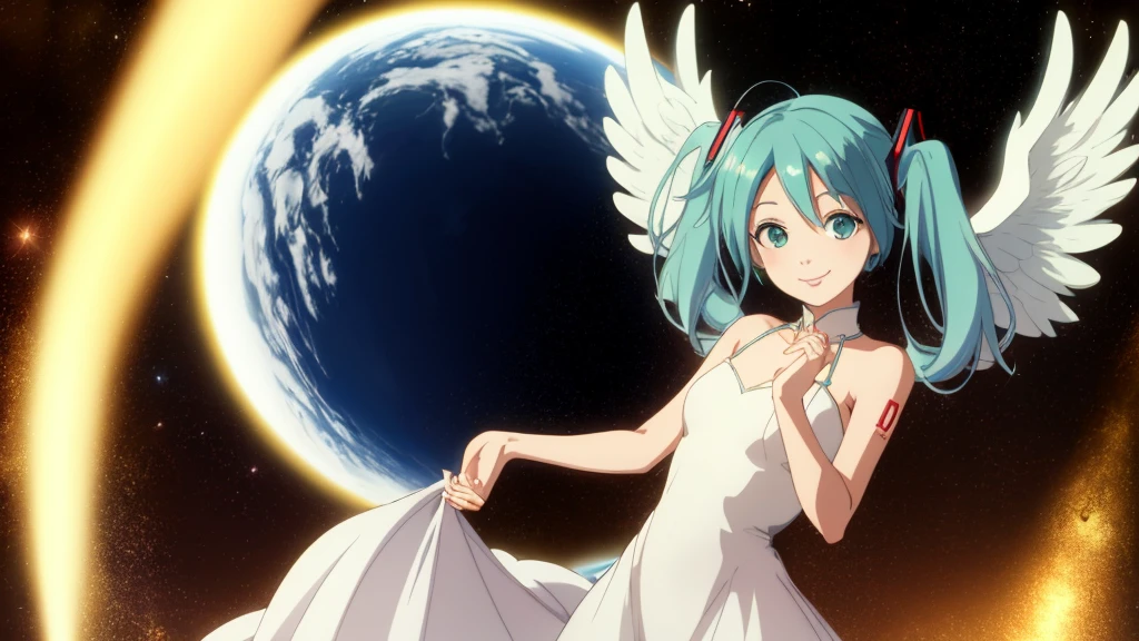 masterpiece, Highest quality,The finest details, big　hatsune miku,smile, White gown, Angel, Angel wings, Golden halo, Upper Body,To hold the tiny Earth in both hands, Looking at the Earth, Space Background