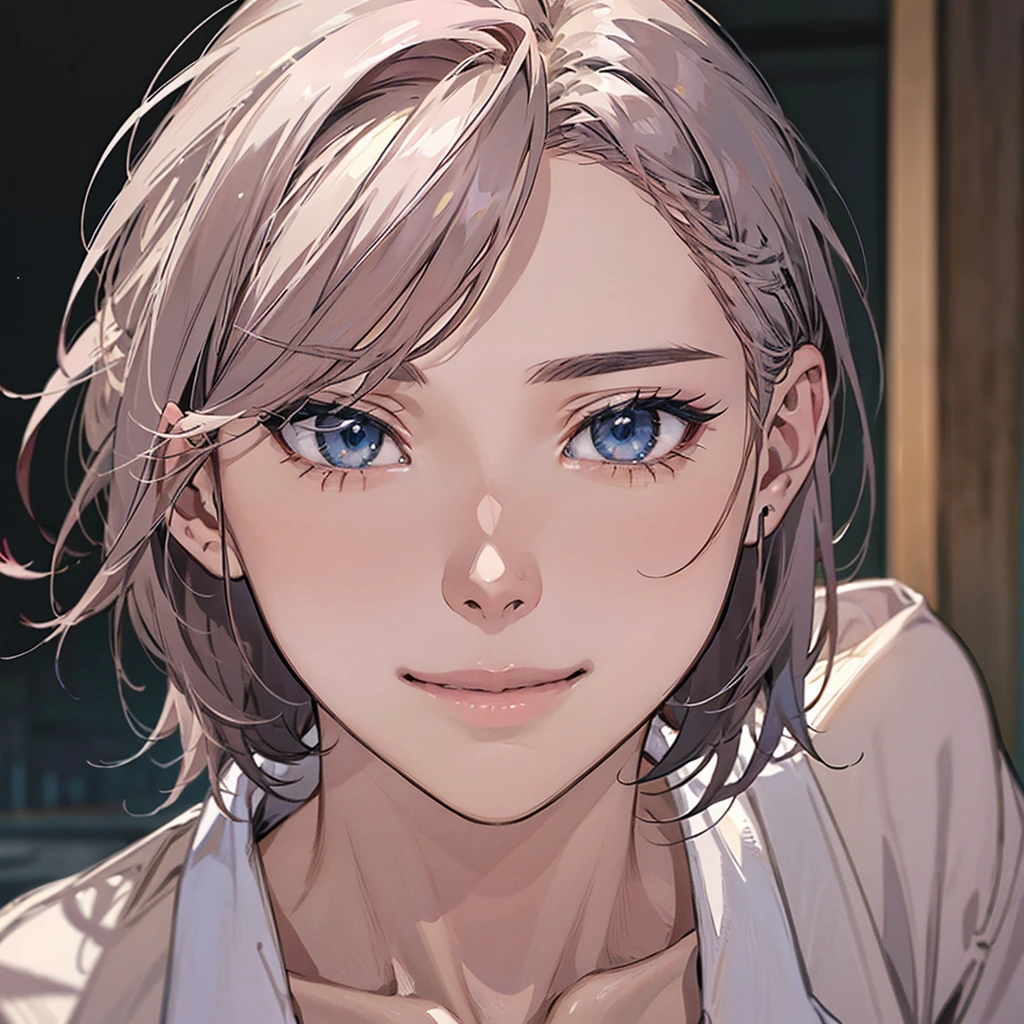 (best quality,4k,8k,highres,masterpiece:1.2),ultra-detailed,(realistic,photorealistic,photo-realistic:1.37),1 man,31 years old,mature man,very handsome,without expression,smile,short grey pink hair,blue eyes,penetrating gaze,perfect face without errors,imposing posture,businessman,office background,cinematic lighting,hdr image