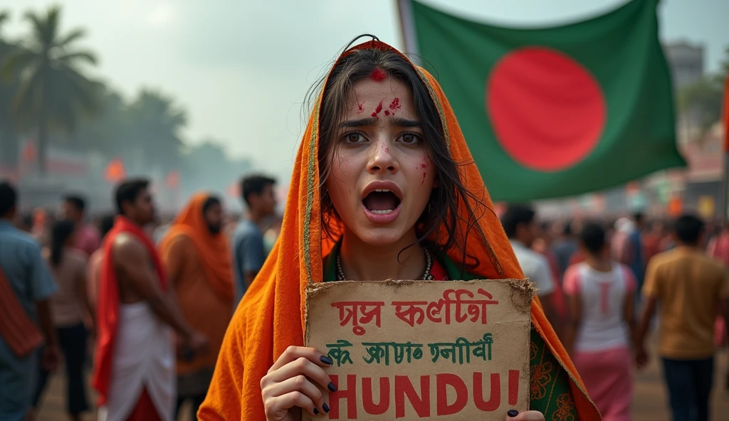 Age 23 young Hot Hindu girl feared wearing traditional clothes with poster in hand written save hindu white milky skin cuts and blood line on face and hand with many hindu and muslim people fighting each other and flag of bangladesh in background , open shocked reaction of girl