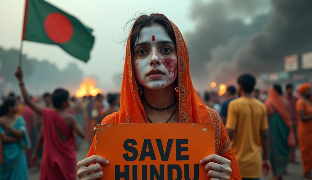 Age 23 young Hot Hindu girl feared wearing traditional clothes with poster in hand written save hindu white milky skin cuts and line on face and hand with many hindu and muslim people fighting each other and flag of bangladesh in background , open shocked reaction of girl