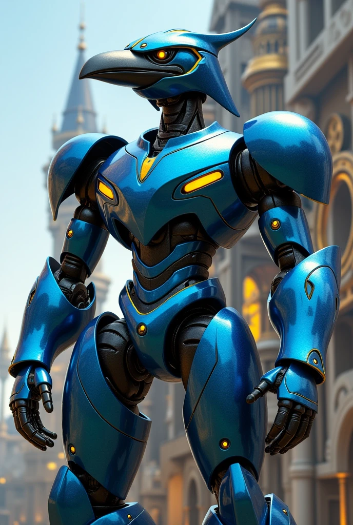 humanoid crow robot in the style of the MegaMan X game design, metal armor, metal penalties, coloring of up to: blackw, sea blue, detaileds: yellows. fully body, 4K, high definition, ao fundo um castelo com detaileds mecânicos 
