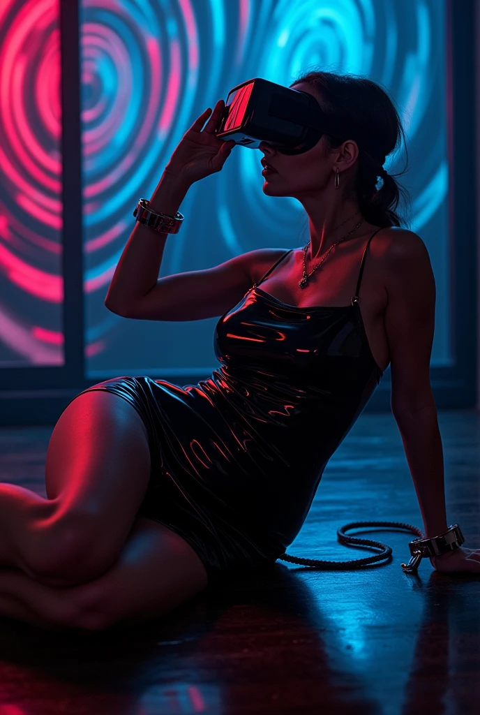 .room hot sexy girl black shiny rubber s full body dress   she is wearing a VR that showing her Hypnosis spirals around background also doing salute pose ,lying on floor in sexy way not moving , handcuffs and ( dog rope around her neck )