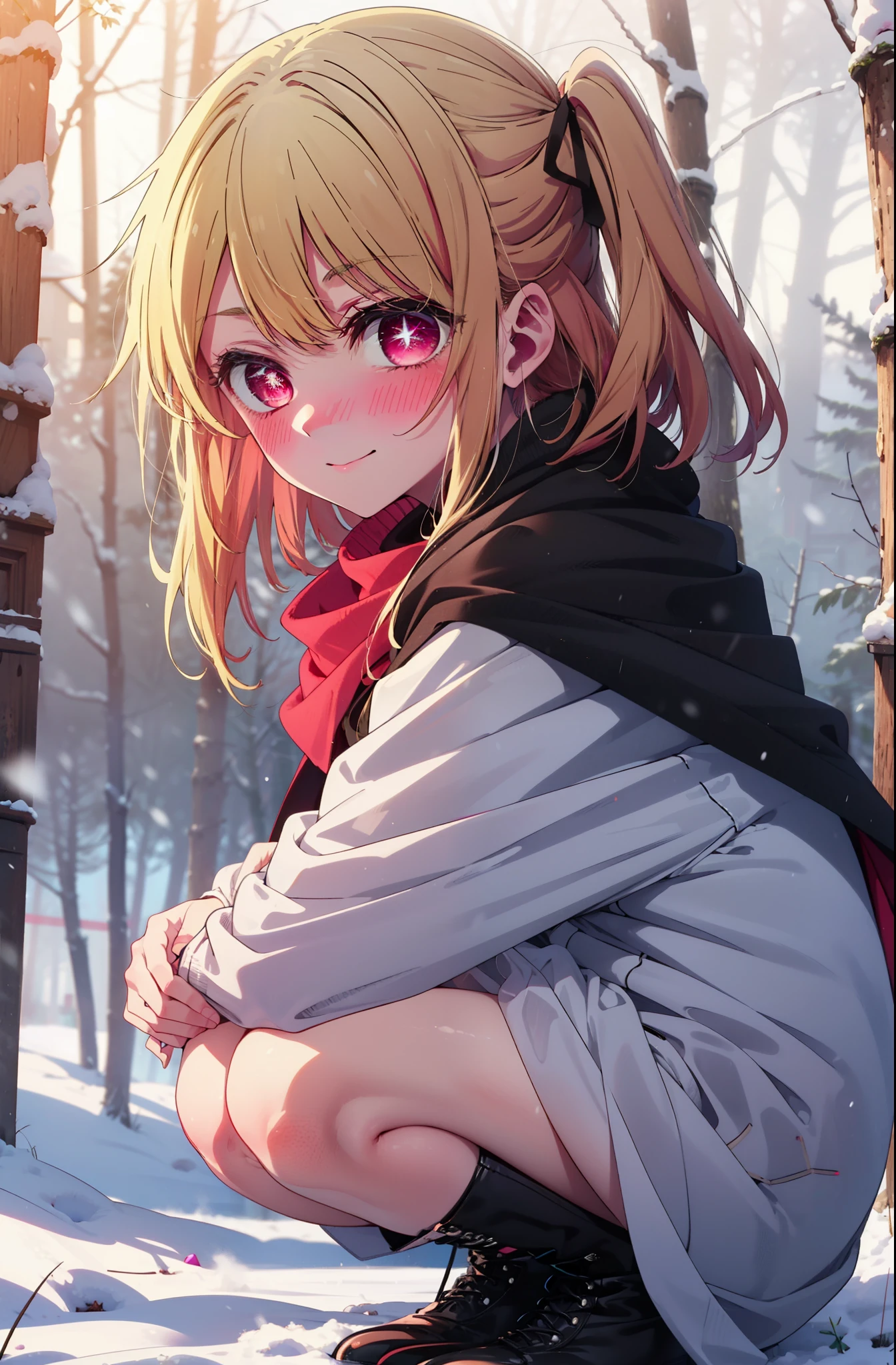 rubyhoshino, Hoshino Ruby, Long Hair, bangs, Blonde, (Pink Eyes:1.3), Side Lock, (Symbol-shaped pupil:1.5), Multicolored Hair, Two-tone hair, smile,,smile,blush,white breath,
Open your mouth,snow,Ground bonfire, Outdoor, boots, snowing, From the side, wood, suitcase, Cape, Blurred, , forest, White handbag, nature, Squat, Mouth closed, Cape, winter, Written boundary depth, Black shoes, red Cape break looking at viewer, Upper Body, whole body, break Outdoor, forest, nature, break (masterpiece:1.2), Highest quality, High resolution, unity 8k wallpaper, (shape:0.8), (Beautiful and beautiful eyes:1.6), Highly detailed face, Perfect lighting, Highly detailed CG, (Perfect hands, Perfect Anatomy),