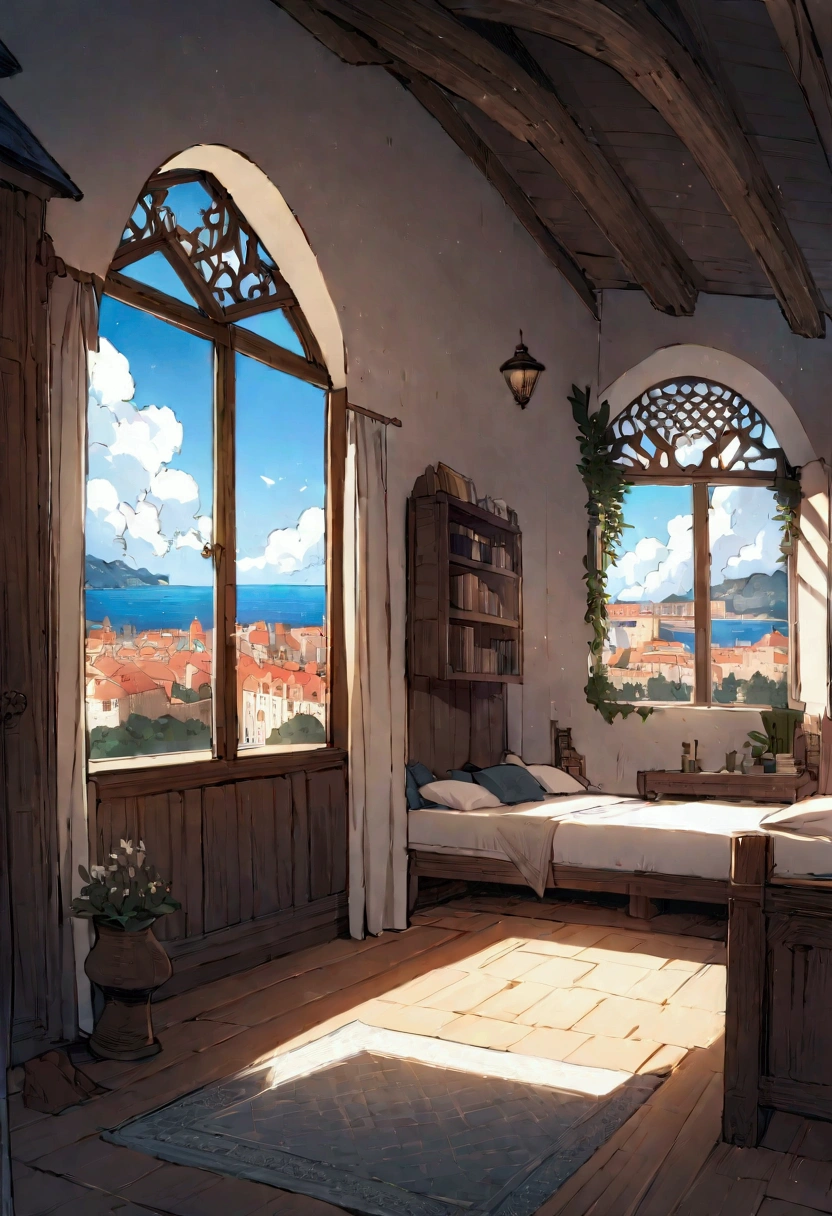 ((((masterpiece, Highest quality, High resolution)))), Attention to detail, manga,anime,Illustration Style,Use of bright colors, Fantasy world of medieval Europe,Bedroom, Sophisticated interior,The cityscape of Dubrovnik,The sea and cityscape as seen from the window of a house on a high platform,No humans,High position,The cityscape and seascape spread out below., RPG-like scenery, The sky is bright blue、Fluffy white clouds floating, And the sun is shining brightly, Creates a magical, comfortable atmosphere, Bright daytime atmosphere.Sunlight is shining through the window、