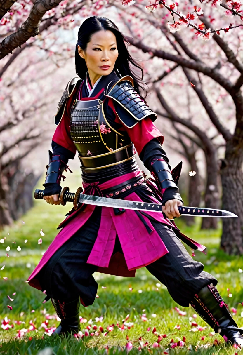 Lucy Liu in feminine samurai battle armor, brightly colored demon themed, dark energy swirls around her, wielding an intricate black bladed sword, she is moving through a cherry orchard, cherry petals falling around her like snow, hateful look on her face, show her from head to toe, show her entire body
