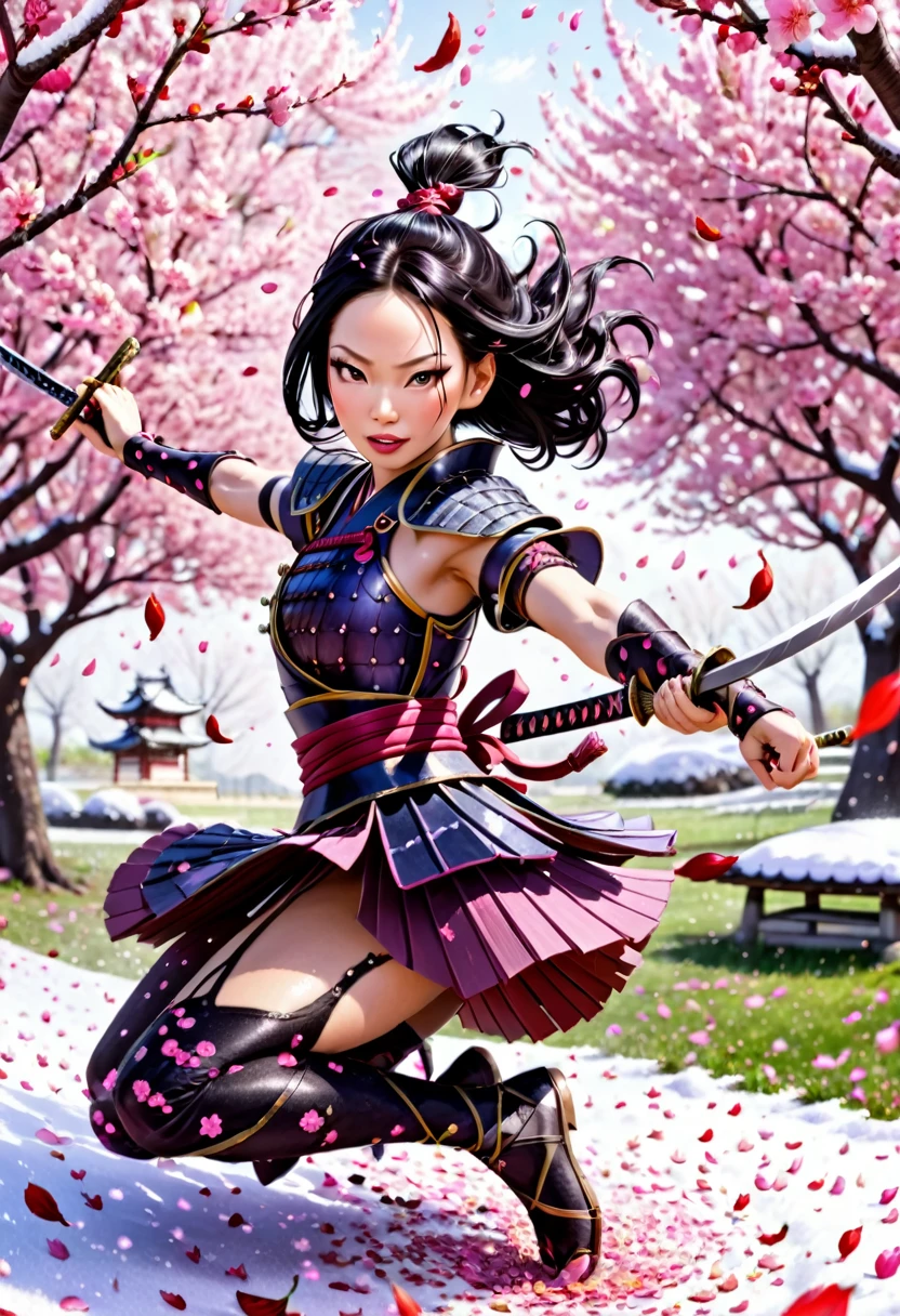 Lucy Liu in feminine samurai battle armor, brightly colored demon themed, dark energy swirls around her, wielding an intricate black bladed sword, she is moving through a cherry orchard, cherry petals falling around her like snow, hateful look on her face, show her from head to toe, show her entire body
