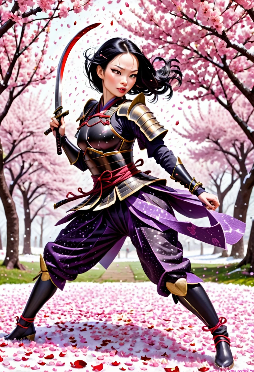 Lucy Liu in feminine samurai battle armor, brightly colored demon themed, dark energy swirls around her, wielding an intricate black bladed sword, she is moving through a cherry orchard, cherry petals falling around her like snow, hateful look on her face, show her from head to toe, show her entire body
