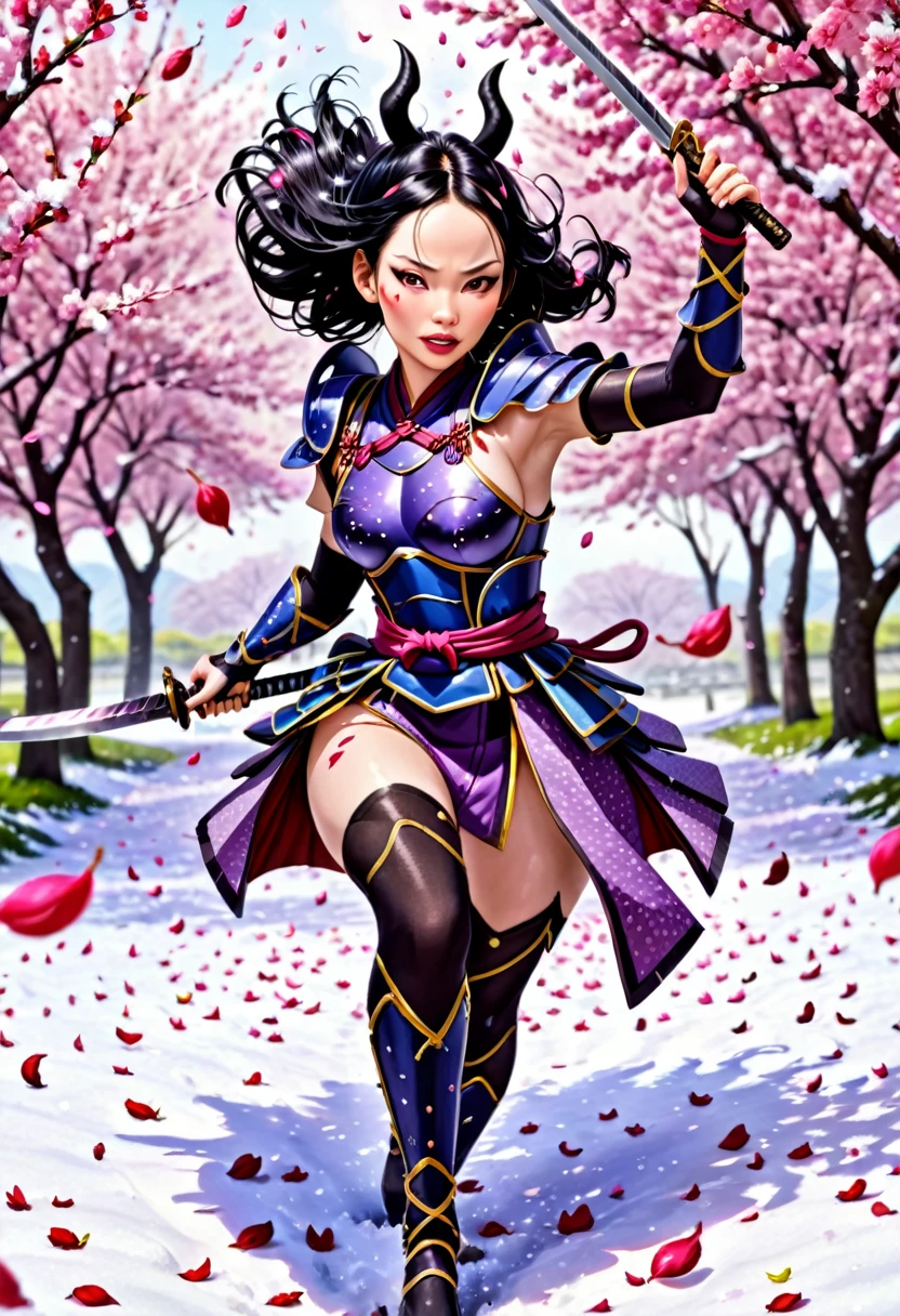 Lucy Liu in feminine samurai battle armor, brightly colored demon themed, dark energy swirls around her, wielding an intricate black bladed sword, she is moving through a cherry orchard, cherry petals falling around her like snow, hateful look on her face, show her from head to toe, show her entire body