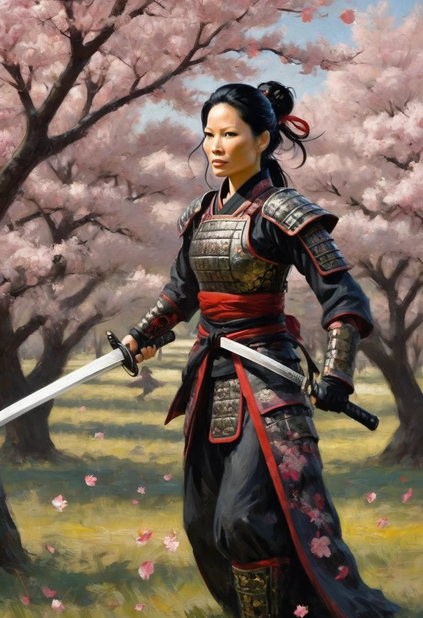 Lucy Liu in feminine samurai battle armor, brightly colored demon themed, dark energy swirls around her, wielding an intricate black bladed sword, she is moving through a cherry orchard, cherry petals falling around her like snow, hateful look on her face, show her from head to toe, show her entire body
