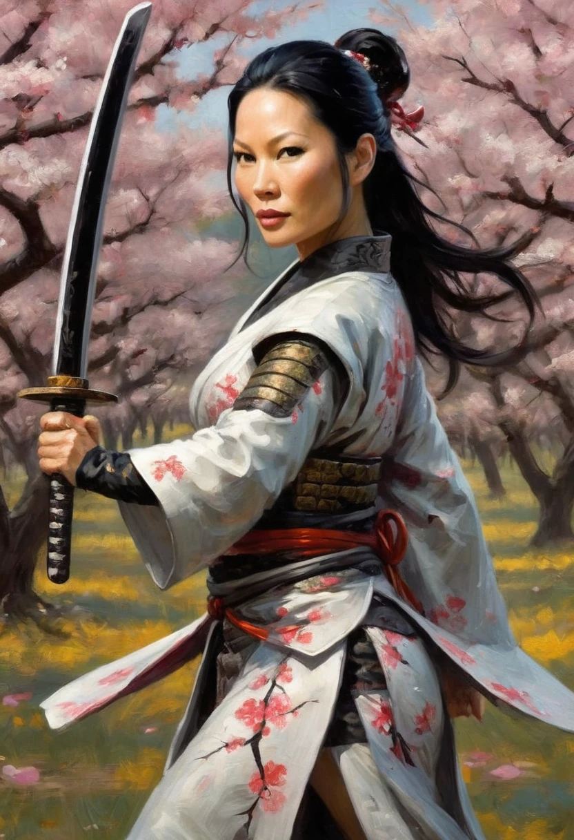 Lucy Liu in feminine samurai battle armor, brightly colored demon themed, dark energy swirls around her, wielding an intricate black bladed sword, she is moving through a cherry orchard, cherry petals falling around her like snow, hateful look on her face, show her from head to toe, show her entire body