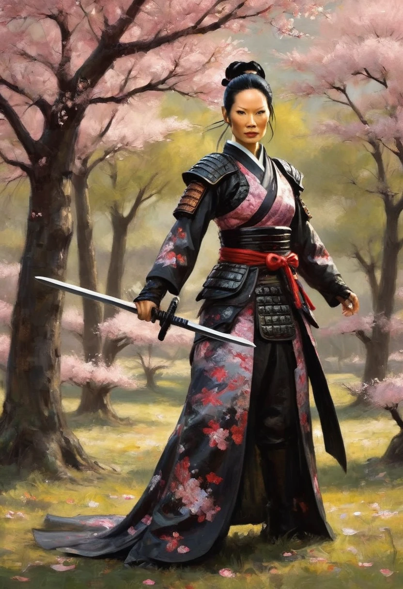 Lucy Liu in feminine samurai battle armor, brightly colored demon themed, dark energy swirls around her, wielding an intricate black bladed sword, she is moving through a cherry orchard, cherry petals falling around her like snow, hateful look on her face, show her from head to toe, show her entire body