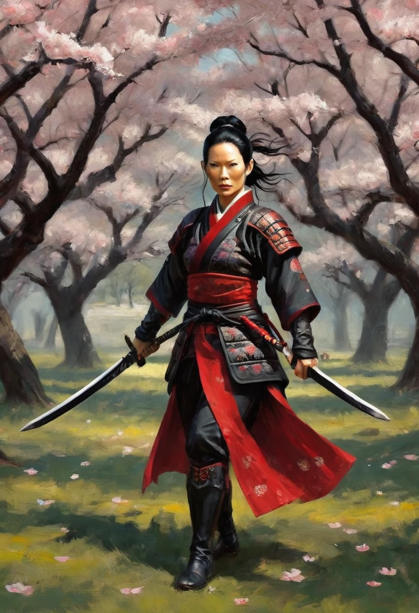 Lucy Liu in feminine samurai battle armor, brightly colored demon themed, dark energy swirls around her, wielding an intricate black bladed sword, she is moving through a cherry orchard, cherry petals falling around her like snow, hateful look on her face, show her from head to toe, show her entire body
