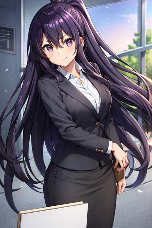 1girl, tohka yatogami, suit, office lady, black skirt, black blazer, pencil skirt, white shirt, collared shirt, long hair, teenager, looking at viewer, full body, smiling