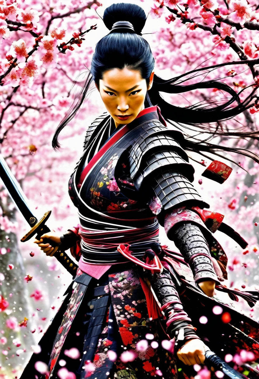 Lucy Liu in feminine samurai battle armor, brightly colored demon themed, dark energy swirls around her, wielding an intricate black bladed sword, she is moving through a cherry orchard, cherry petals falling around her like snow, hateful look on her face, show her from head to toe, show her entire body