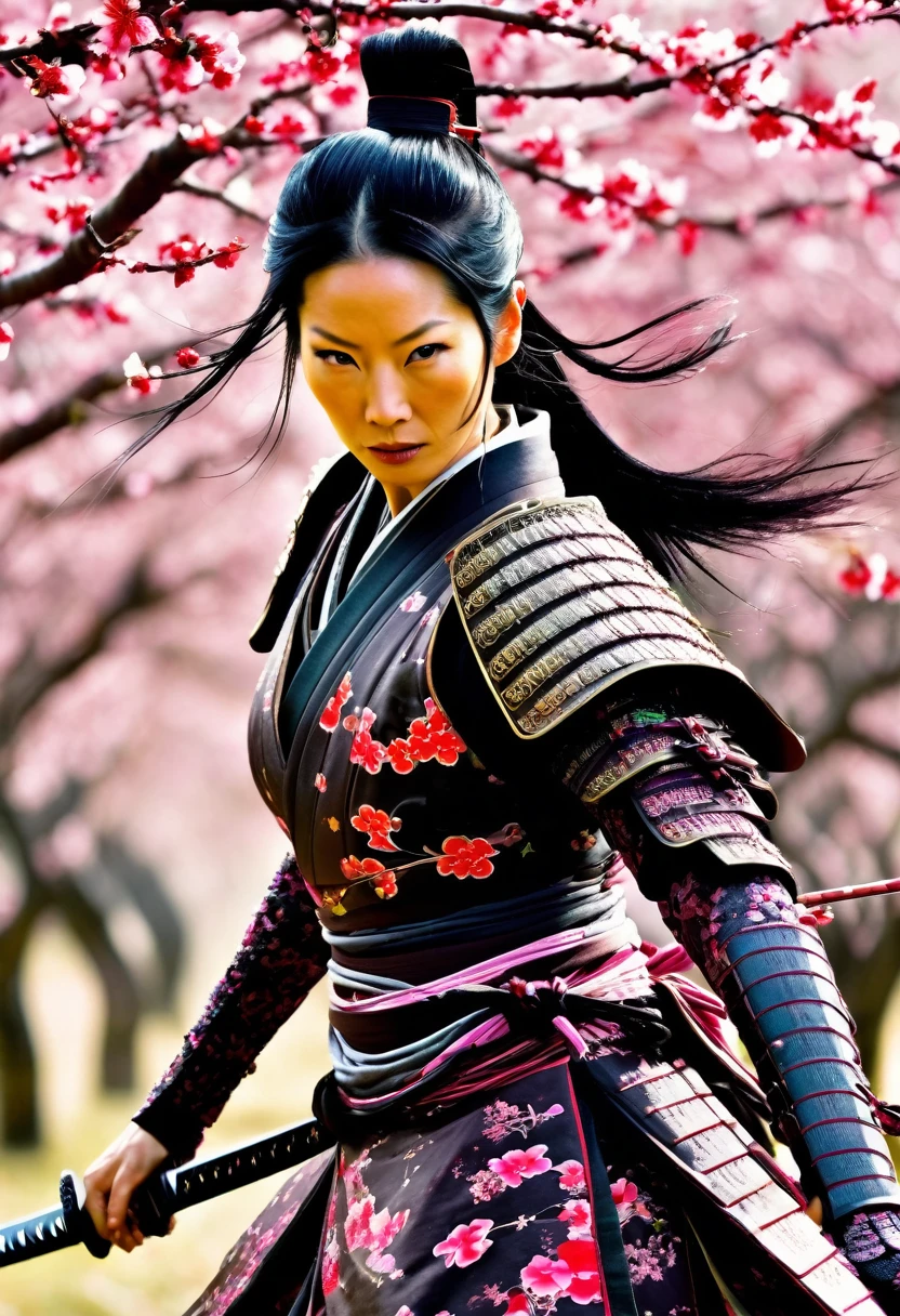 Lucy Liu in feminine samurai battle armor, brightly colored demon themed, dark energy swirls around her, wielding an intricate black bladed sword, she is moving through a cherry orchard, cherry petals falling around her like snow, hateful look on her face, show her from head to toe, show her entire body