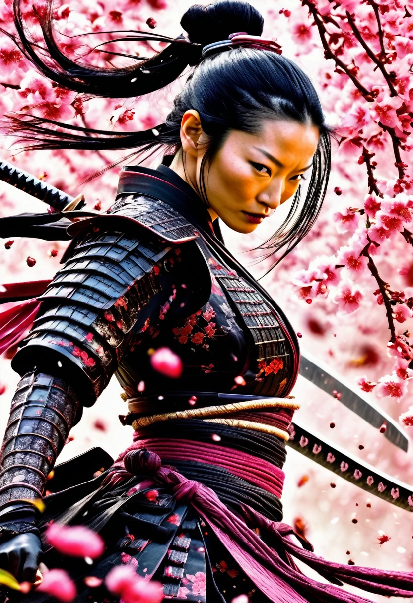Lucy Liu in feminine samurai battle armor, brightly colored demon themed, dark energy swirls around her, wielding an intricate black bladed sword, she is moving through a cherry orchard, cherry petals falling around her like snow, hateful look on her face, show her from head to toe, show her entire body