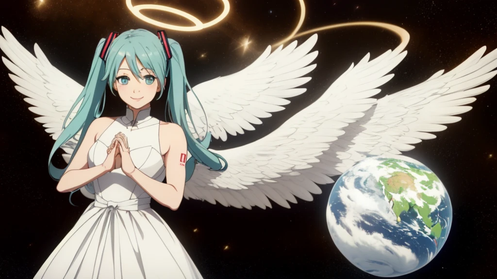 masterpiece, Highest quality,The finest details, big　hatsune miku,smile, White gown, Angel, Angel wings, Golden halo, Upper Body,To hold the tiny Earth in both hands, Looking at the Earth, Space Background