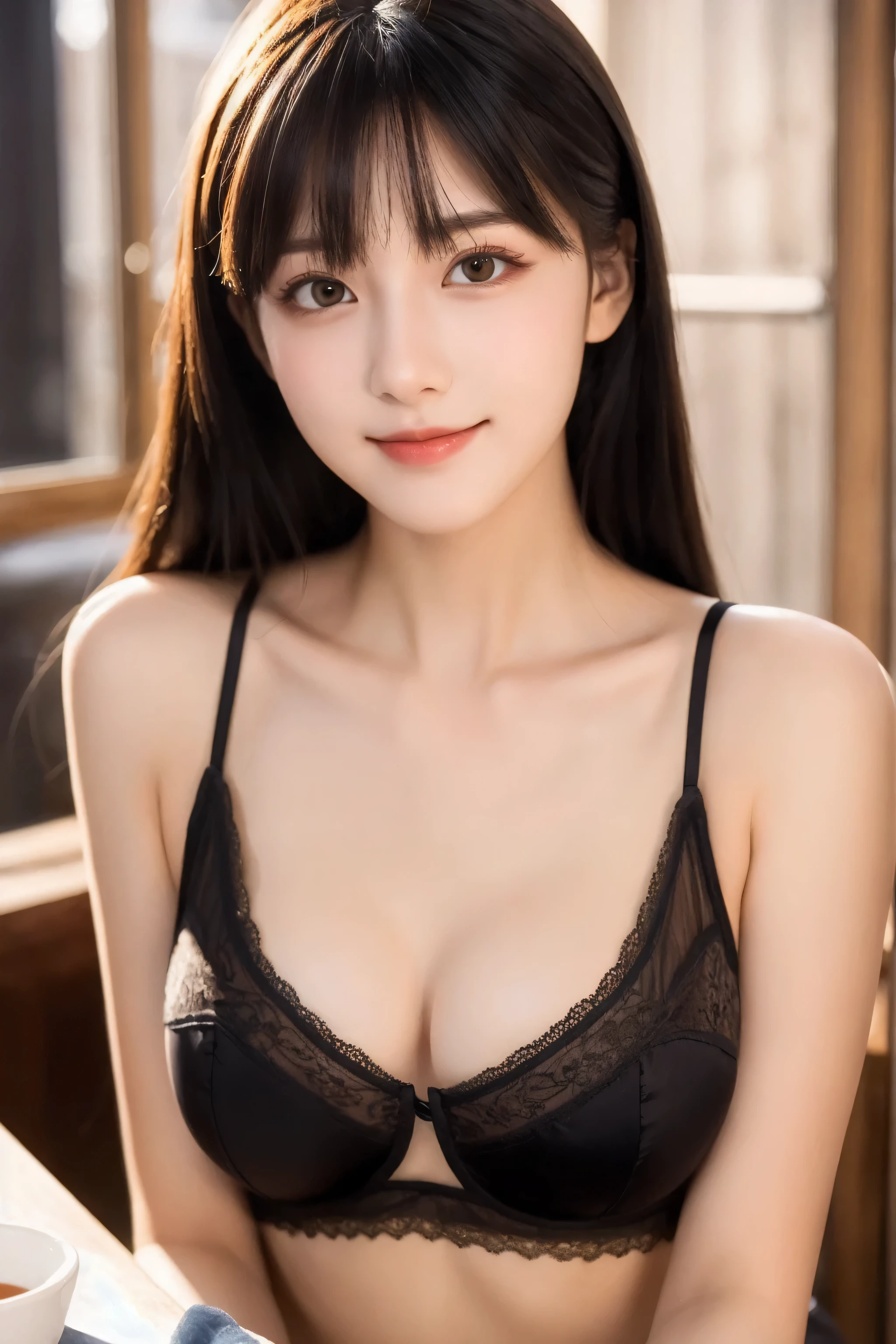 (8k, RAW Photo, Best Quality, Masterpiece:1.2), table top, Ultra Detail, Super Resolution, (Realistic, Realistic Photo:1.37), Portrait, High Detail RAW Color Photo, Professional Photo, Extremely Detailed and Beautiful, Extremely detailed, 8k wallpaper, amazing and detailed, huge file size, official art, highly detailed CG unity 8k wallpaper, highly detailed beautiful girl, highly detailed face, highly detailed eyes, highly detailed skin, highly detailed fingers, highly detailed nose, very detailed detailed mouth , perfect anatomy, highly detailed background, highly detailed clothes, 1girl, 17 year old girl, cute girl, realistic body, fair skin, glowing skin , slim body, handsome body, black hair , semilong hair, (blunt bangs:1.2), smile, cute, youthful, cute face, realistic face, delicate eyes, drooping eyes, looking at viewer, facing front, standing posture, Contraposto, dynamic lighting, ((face closeup)), (medium chest), (Perfect Body Proportions), (slender Body Proportions), (bedroom), super sexy pose, ((colorful lingerie)),