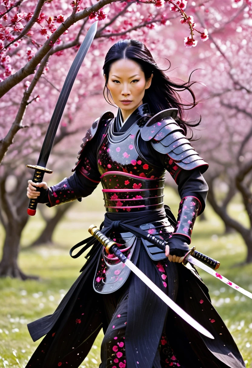 Lucy Liu in feminine samurai battle armor, brightly colored demon themed, dark energy swirls around her, wielding an intricate black bladed sword, she is moving through a cherry orchard, cherry petals falling around her like snow, hateful look on her face, show her from head to toe, show her entire body
