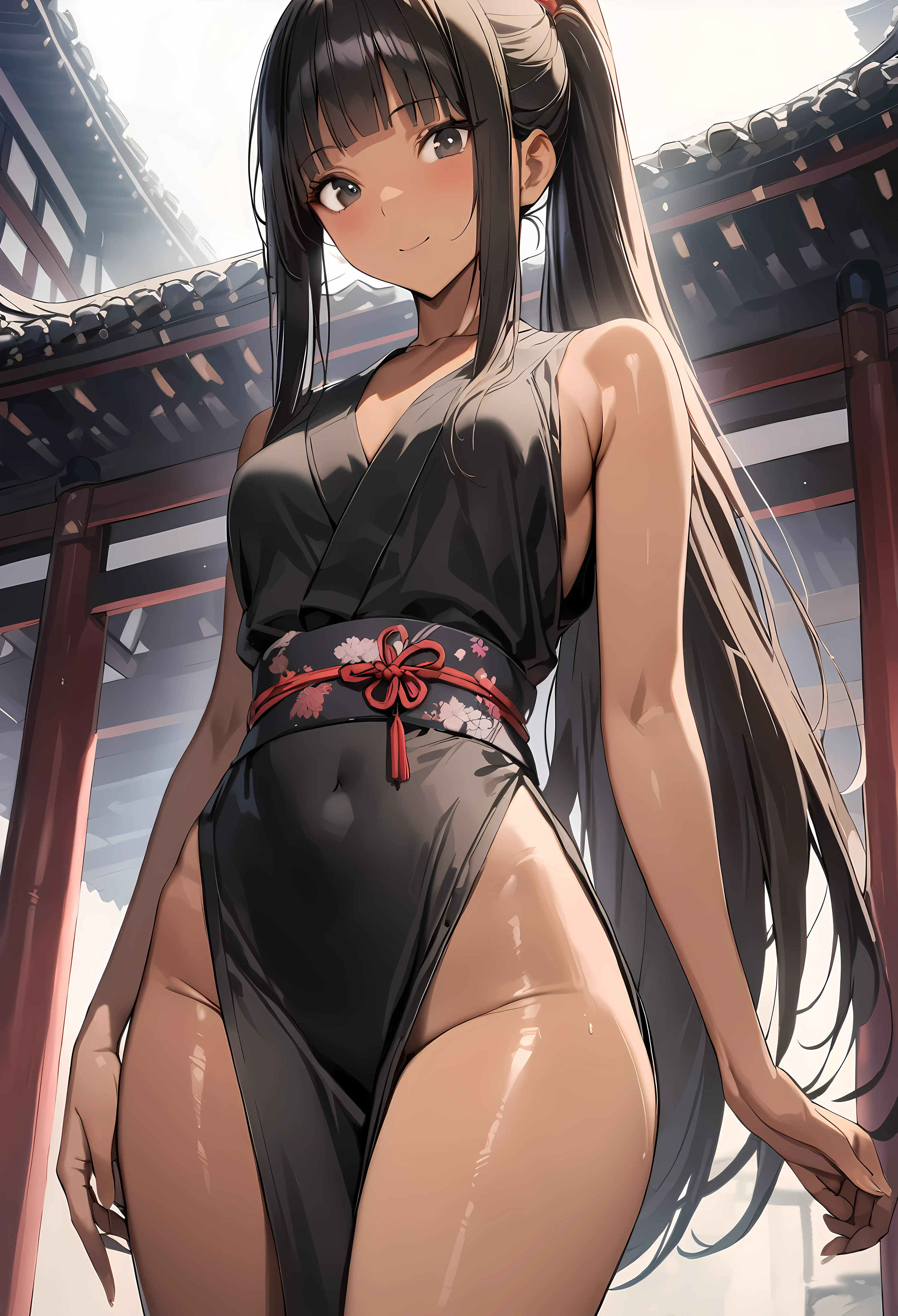 ((masterpiece,best quality anime,Highest quality:1.3)),realistic,cowboy shot,(25 year old beauty),Female ninja、1woman,solo,((very small head:1.4)),((very long body:1.3)),black hair,bangs,(long ponytail hair),gorgeous big eyes,black eyes,smile,((tan skin:1.4)),((slender body:1.3,skinny)),medium breasts,gleaming skin,shiny skin,((Black kimono、Black obi for a kimono、Sleeveless、Side slits、Black mini skirt)),standing,Domestic、temple、