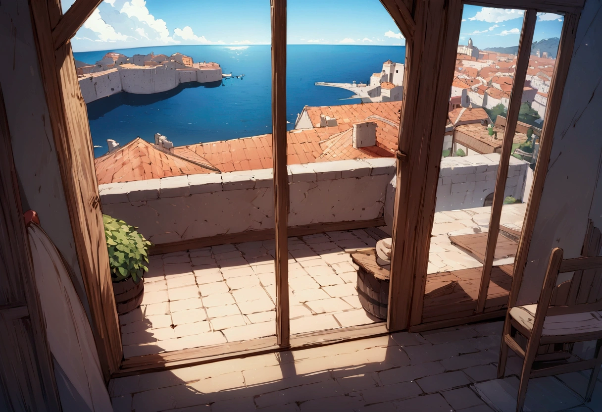 ((((masterpiece, Highest quality, High resolution)))), Attention to detail, manga,anime,Illustration Style,Use of bright colors, Fantasy world of medieval Europe,Bedroom, Sophisticated interior,The cityscape of Dubrovnik,The sea and cityscape as seen from the window of a house on a high platform,No humans,High position,The cityscape and seascape spread out below., RPG-like scenery, The sky is bright blue、Fluffy white clouds floating, And the sun is shining brightly, Creates a magical, comfortable atmosphere, Bright daytime atmosphere.Sunlight is shining through the window、