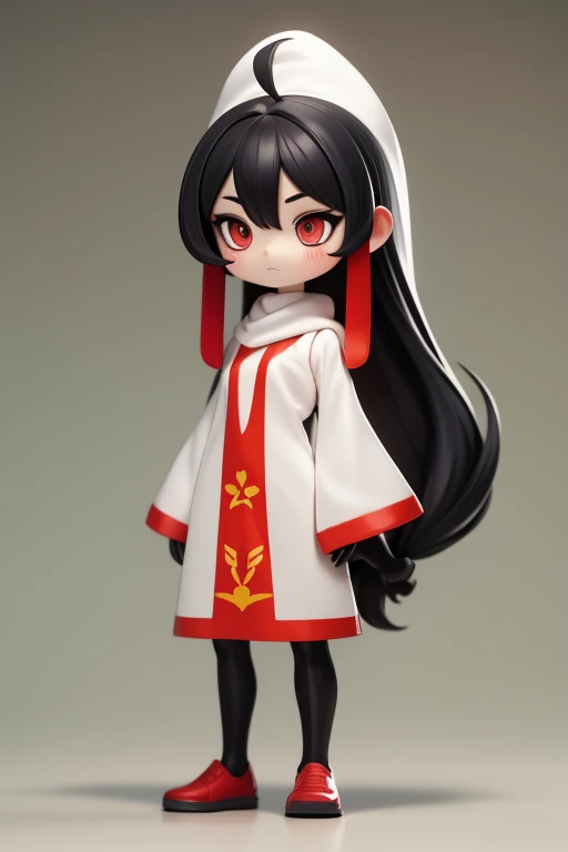 　Primary school students　young　small　height: 130cm　Standing picture Simple design　The dress is a one-piece　camisole　Sleeveless　No sleeve　Long Hair　Long black hair　Hair is black　Red eyes　Shoulder-baring ahoge　Kokeshi
