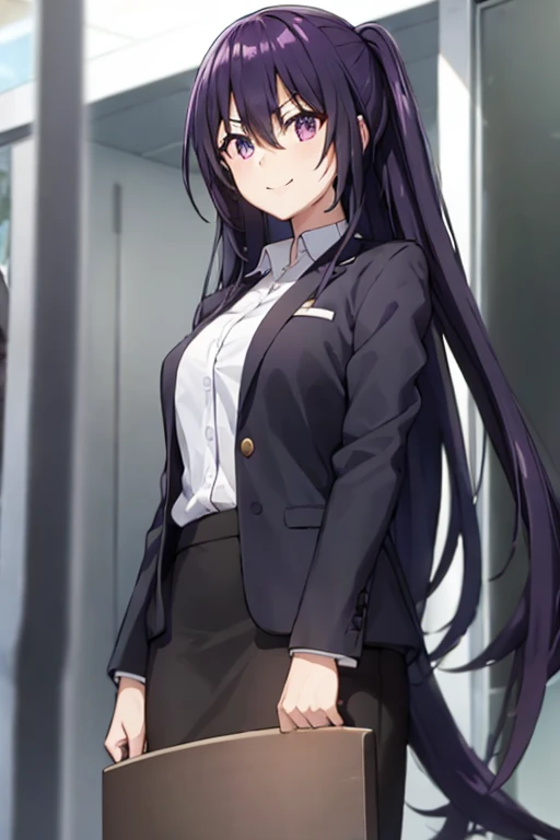 1girl, tohka yatogami, suit, office lady, black skirt, black blazer, pencil skirt, white shirt, collared shirt, long hair, teenager, looking at viewer, full body, smiling