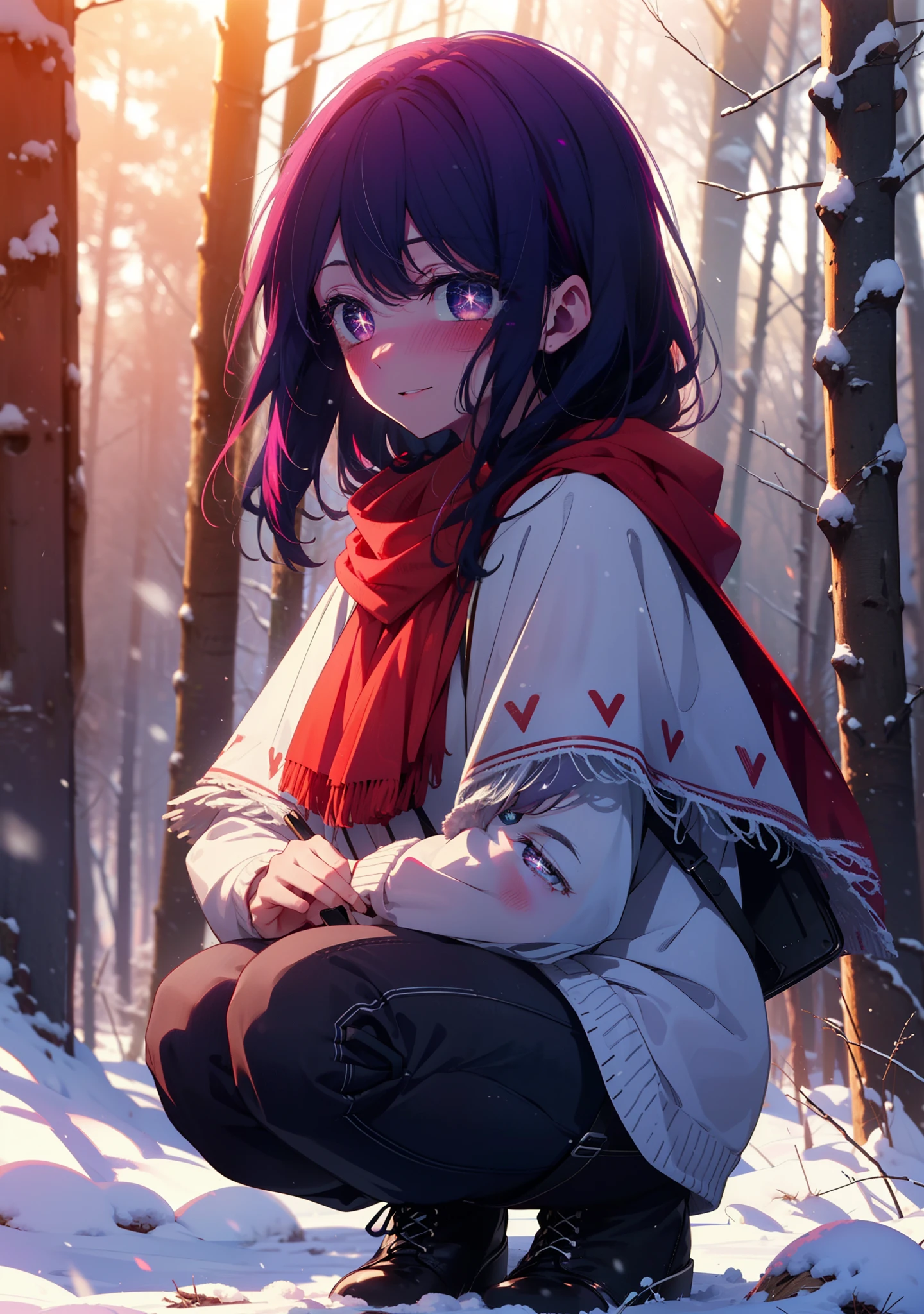 aihoshino, Ai Hoshino, Long Hair, bangs, (Purple eyes:1.1), Purple Hair, (Symbol-shaped pupil:1.5), smile,,smile,blush,white breath,
Open your mouth,snow,Ground bonfire, Outdoor, boots, snowing, From the side, wood, suitcase, Cape, Blurred, , forest, White handbag, nature, Squat, Mouth closed, Cape, winter, Written boundary depth, Black shoes, red Cape break looking at viewer, Upper Body, whole body, break Outdoor, forest, nature, break (masterpiece:1.2), Highest quality, High resolution, unity 8k wallpaper, (shape:0.8), (Beautiful and beautiful eyes:1.6), Highly detailed face, Perfect lighting, Highly detailed CG, (Perfect hands, Perfect Anatomy),