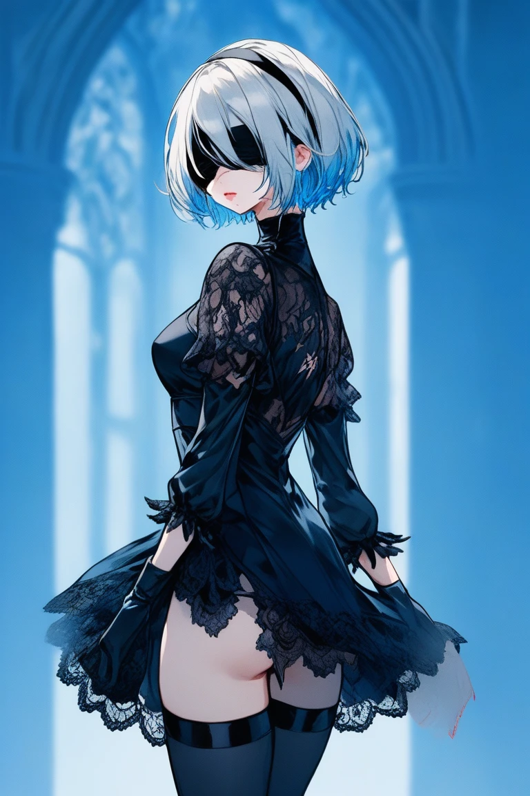Illustrator, anime , Realistic ,sketch , 1 person, model, lip, A translucent gothic black mini dress with lots of lace, lace blindfold, lace eye covered, lace black blindfold, order, Blue gradient background, Neon colored short hair, Big Breasts, upper body, look back, Sexy look, Sexy pose, Texture Trim, Russia, (masterpiece,Highest quality)
