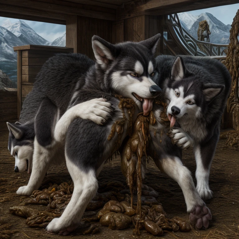 A hyper realistic, ultra detailed image of a husky, fat, (((((feral, husky rimming feces, tongue in husky anus, paws on butt, paws))))), thick thighs, duo, shaded, intricate, realistic, detailed background, (saliva:0.8), panting, drooling, saliva, aroused, ass up, on a klingon star ship, freighter. ((((front legs up on butt, tongue in anus, excessive drooling, duo, hyper balls, feral, excessive anal scat, standing, spreading legs, excessive hyper anal feces, husky anal feces rimming))))