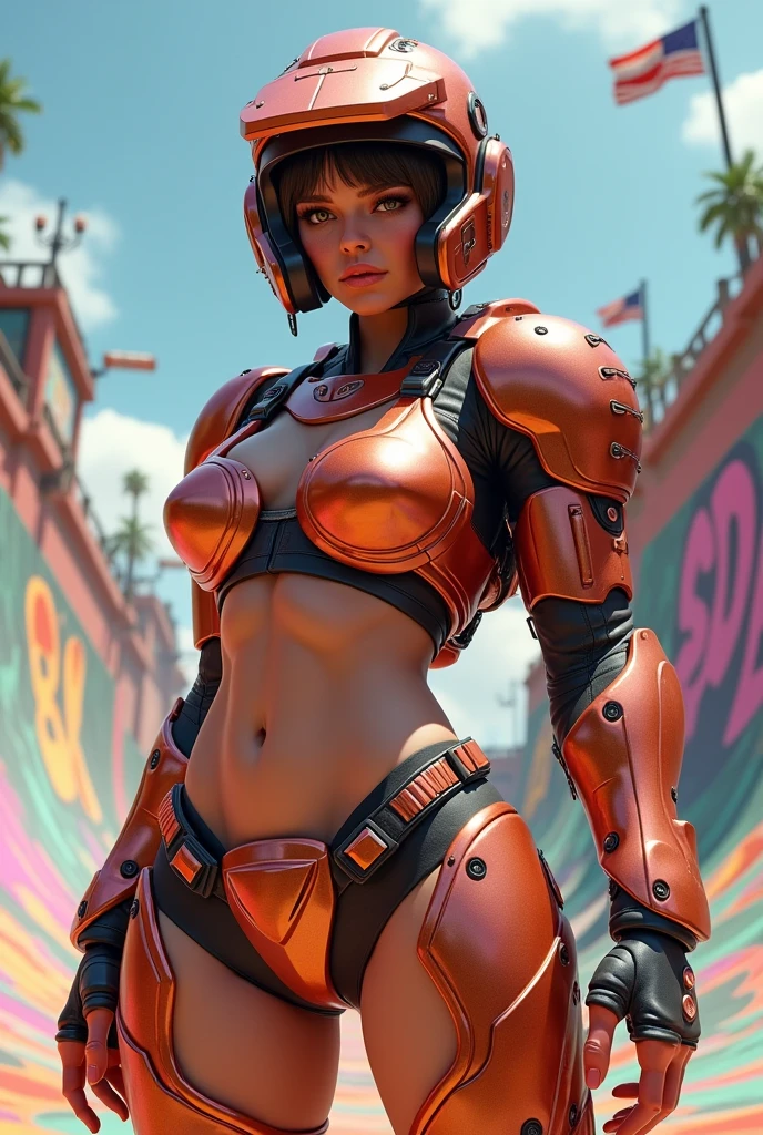 Highly Detailed Female Characters in a Team-Based Action Shooting Video Game、Job Title: tank、Women's BMX Freestyle Park Final、Exquisitely Rendered Muscular Body、Broad shoulders、Thick chest、Developed brachial muscles、Toned Abs、developed thigh muscles、Beautifully detailed face、Very short hair、Rose Gold Color Scheme、Tactical Helmet、Concept Art、Intricate details、Surreal、8k、Highest quality、Realistic、masterpiece