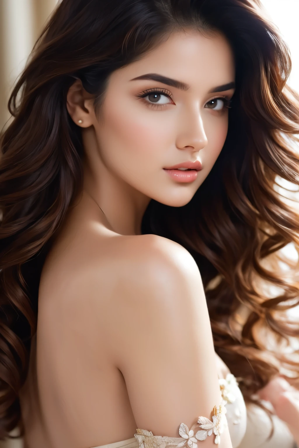 Extremely stunning beautiful girl,beautiful detailed eyes,beautiful detailed lips,extremely detailed face and skin,long eyelashes,detailed hair,silk nightgown, very detailed bedroom interior,luxury bedroom, floral bedsheets,silk curtains,crystal chandelier,warm ambient lighting,cinematic lighting,photorealistic,masterpiece,best quality,8k,ultra-detailed,vivid colors,soft focus,intricate details