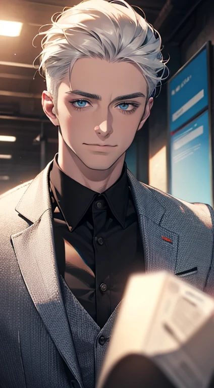 (best quality,4k,8k,highres,masterpiece:1.2),ultra-detailed,(realistic,photorealistic,photo-realistic:1.37),1 man,31 years old,mature man,very handsome,without expression,smile,short grey white hair,blue eyes,penetrating gaze,perfect face without errors,imposing posture,businessman,office background,cinematic lighting,hdr image